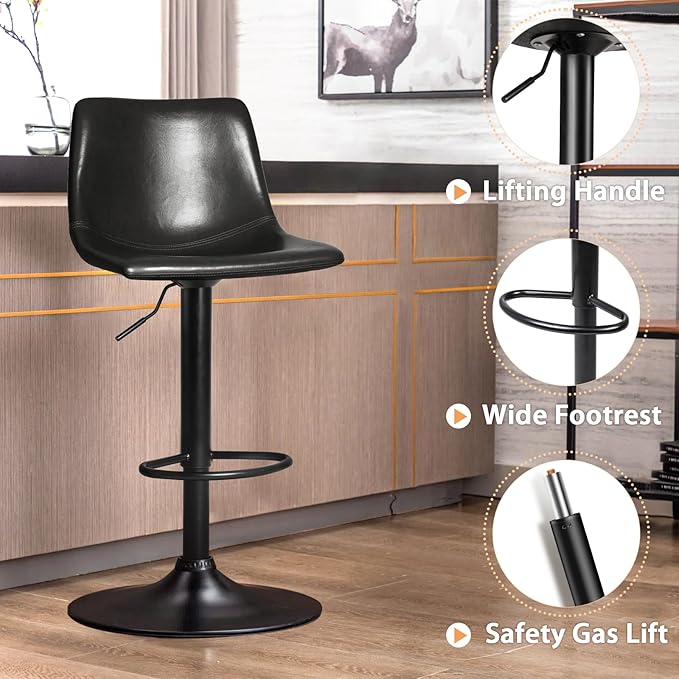 LEMBERI Bar Stools Set of 4, Modern Swivel Bar Adjustable Barstools Counter Height with Backrest, Faux Leather Upholstered Bar Chair for Kitchen Island (Black)