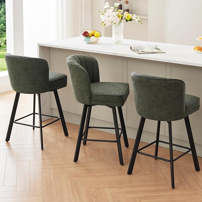 Swivel Counter Height Bar Stools Set of 3, 26'' Modern Barstools with Backs and Metal Legs, Upholstered Bar Chairs, Faux Leather Green Stools for Kitchen Island Chairs