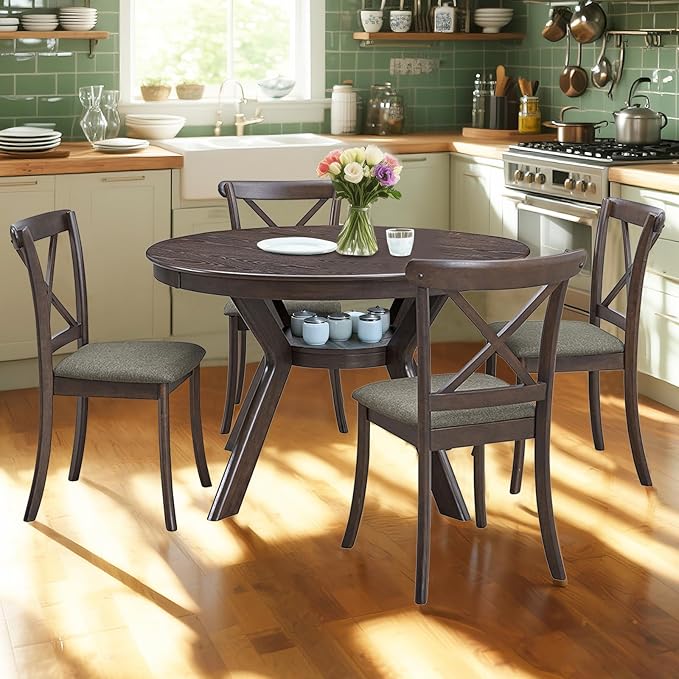 NicBex 47.24" Rubber Wood Round Dining Table for 4-6 People, Mid-Century Kitchen and Dining Table with Wooden Trestle Base, Rustic Brown Solid Wood and MDF Table for Dining Room or Living Room Brown