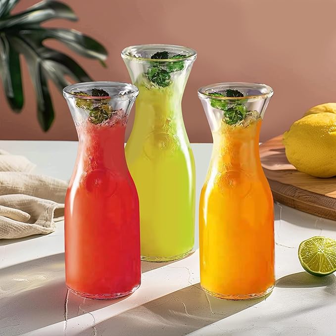 Glass Carafe with Bamboo Lid,35 Oz Beverage Dispensers Carafe,Mimosa Bar Supplies,Clear Glass Pitcher with Name Labels for Iced Tea,Coffee,Juice(Set of 4)