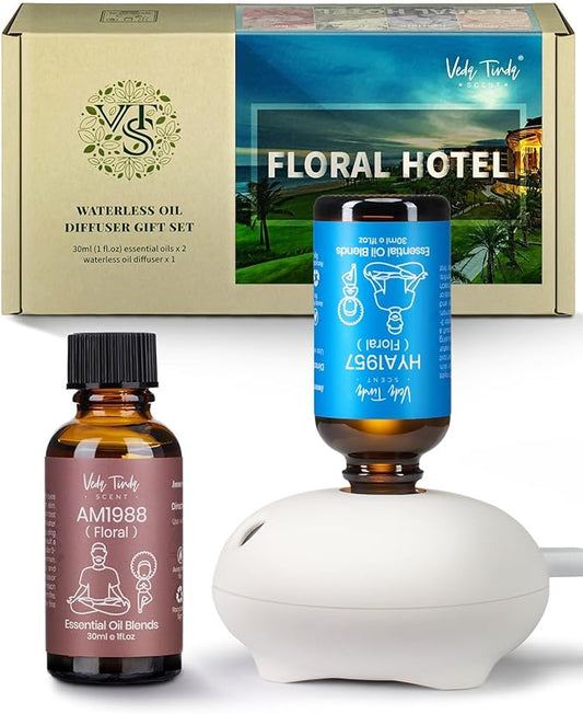 Hotel Diffuser Oil with Waterless Diffuser, Hotel Scent Essential Oil Gift Set for Women Mom Couples Friend (1 fl.oz Floral Hotel Scent Diffuser Oil x 2 & Aromatherapy Diffuser)