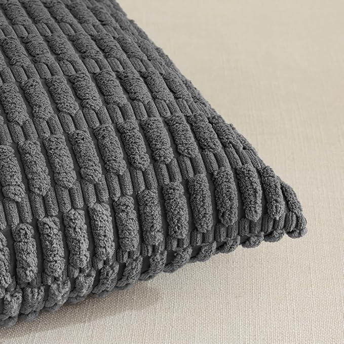 Fancy Homi 2 Packs Dark Grey Decorative Throw Pillow Covers 16x16 Inch for Living Room Couch Bed Sofa, Rustic Farmhouse Boho Home Decor, Soft Striped Corduroy Square Cushion Case 40x40 cm