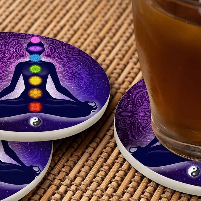 Meditating Woman in Lotus Pose Cup Coasters Set of 2 Aura Glow Spiritual Colorful 9 Chakras Mandala Wooden Table Apartment Decor 100% Diatomite for Drinking Glasses,4 Inches