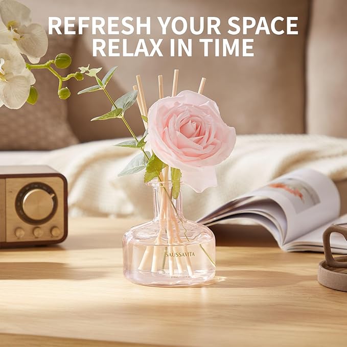 Reed Diffusers Set Rose Scent, Reed Diffuser for 120 Days, Diffusers for Home Pink Bottle,Bathroom Diffuser with 7 Sticks, Home Decor, Shelf Decor