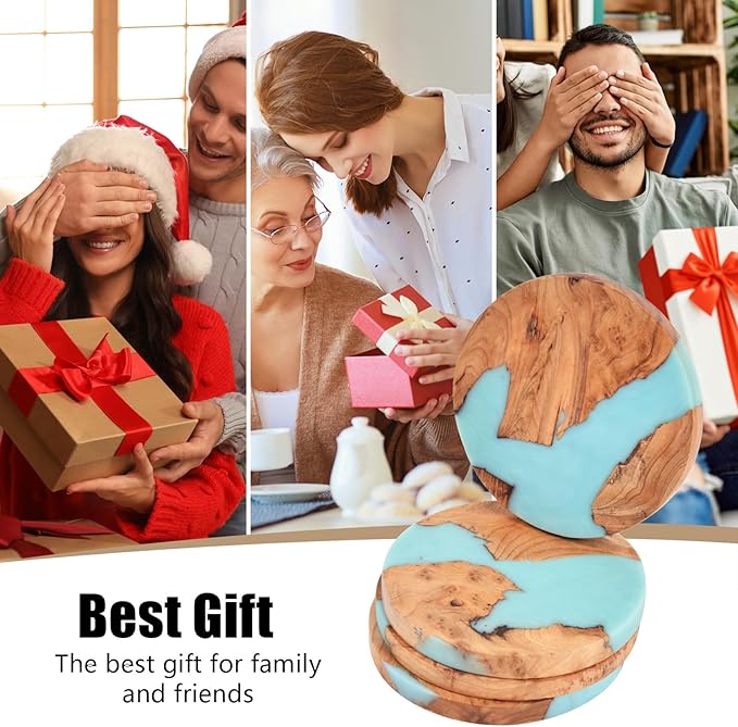 Drink Coaster Set, Wooden Absorbent Coasters, Epoxy Resin Coaster for Coffee Table, Tabletop Protection Decor, Modern Coasters Set of 8 with Holder