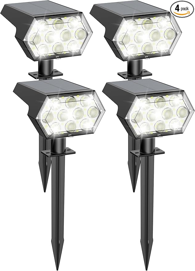 Kaxiida Solar Spot Lights Outdoor Waterproof IP68, 3 Modes & 25% Larger Panel 92 LED Solar Landscape Lights for Yard Pathway Patio Garden Decor (Cold White,4 Pack)