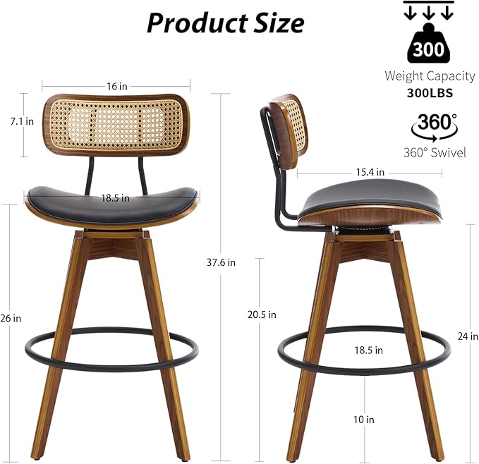 Swivel Bar Stools Set of 2, Faux Leather Counter Height Stools with Rattan Back, 26" Seat Height Upholstered Bar Chairs with Bentwood Wood Frame for Kitchen Island - Black