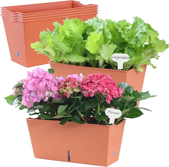 Window Box Planter 6 Pcs, 12.6 Inches Self Watering Rectangle Flower Plant Pots with Drainage Holes & Breathable Trays, Vegetable Planters for Windowsill Patio Garden Balcony Porch Yard (Orange)