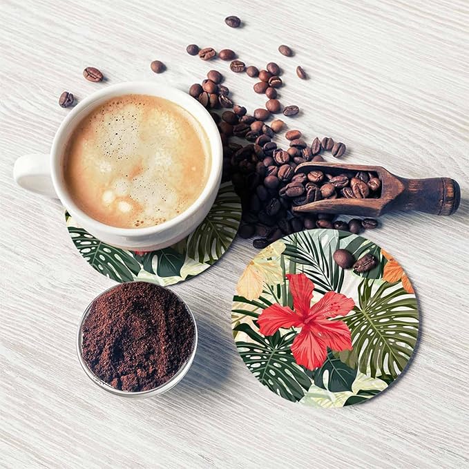 Tropical Plants Cup Coasters Set of 2 Leaf Hibiscus Flowers Foliage Palm Exotic Jungle Nature Botanical Wooden Table Apartment Decor 100% Diatomite for Drinking Glasses,4 Inches
