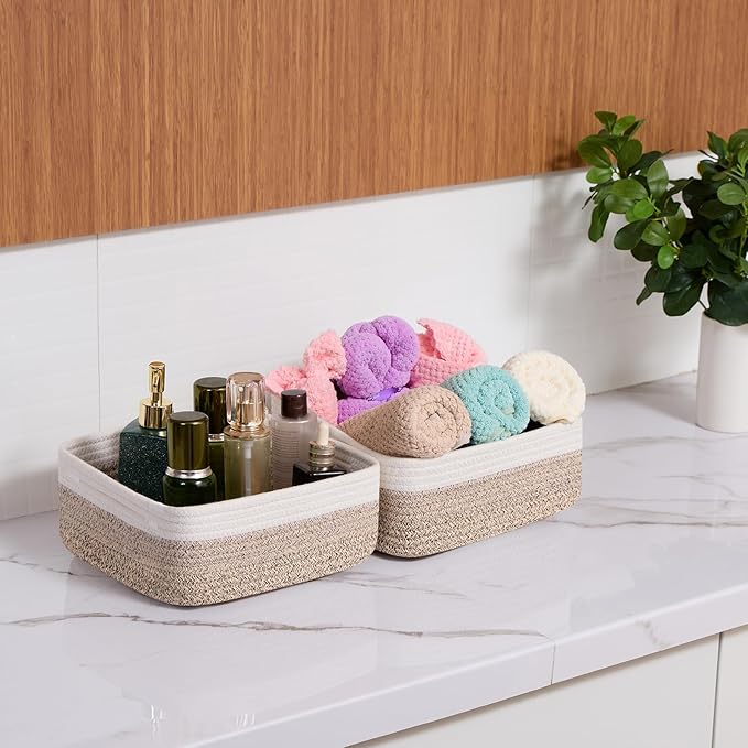 Small Square Shallow Baskets for Organizing, 9.7x9.7x4.3 Inch Rope Woven Storage Bins for Cubes Closet, Shelves Storage, Boho Decorative Basket, 2 Packs Off White Brown