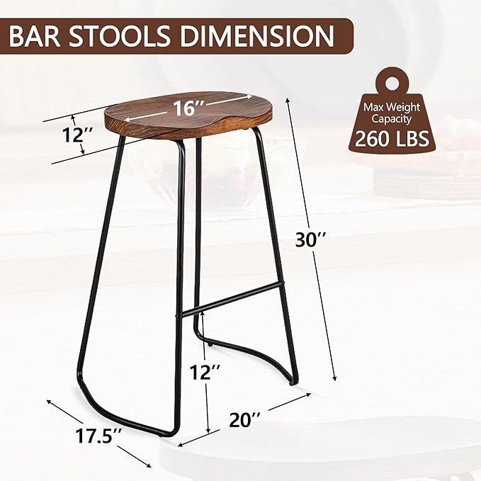HeuGah Bar Stools, Solid Wood Barstools Set of 2, 30" Bar Height Bar Stools with Metal Leg, Rustic Backless Bar Stool for Kitchen Island, Bar Chairs with Solid Wood Saddle Seat (Walnut, 30 Inch)