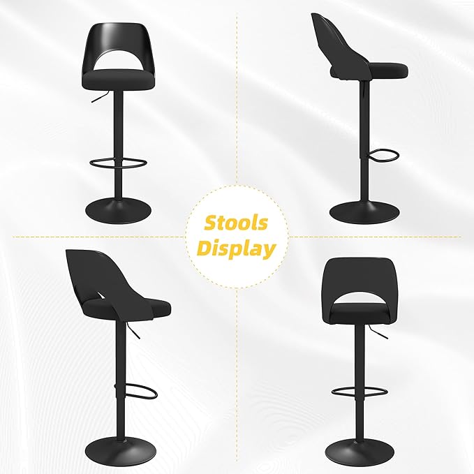 civama Bar Stools 1 PC for Kitchen Counter, Seat Height Adjustable 25''-33'', Modern Upholstered Swivel Island Chairs with Hollow Backrest Metal Base, Black Cotton Linen Fabric with Black Base