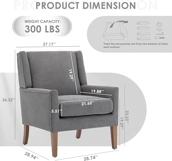 COLAMY Modern Wingback Living Room Chair, Upholstered Fabric Accent Armchair, Single Sofa Chair with Lounge Seat and Wood Legs for Bedroom/Office/Reading Spaces, Gery