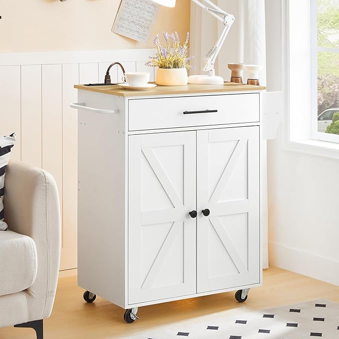 HOOBRO Kitchen Island with Power Outlet, Kitchen Storage Island with Large Worktop, Spice Rack and Drawer, Rolling Island on Wheels, for Dining Room, White and Natural