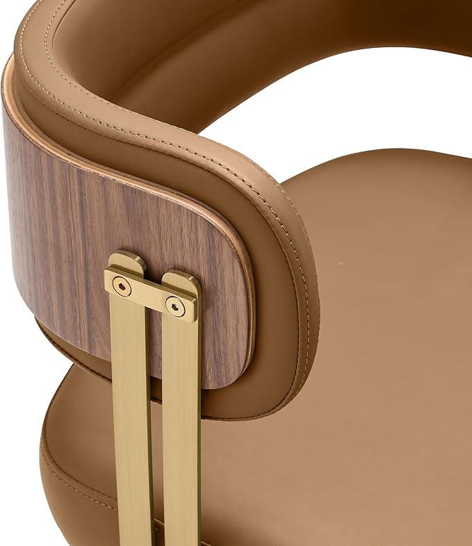 Modern Mid-Century Upholstered Leather Dining Chairs with High-Resilience Foam, Walnut Wood Veneer&Gold Metal Legs,Dining Chairs with Anti-Slip Pads,Light Brown