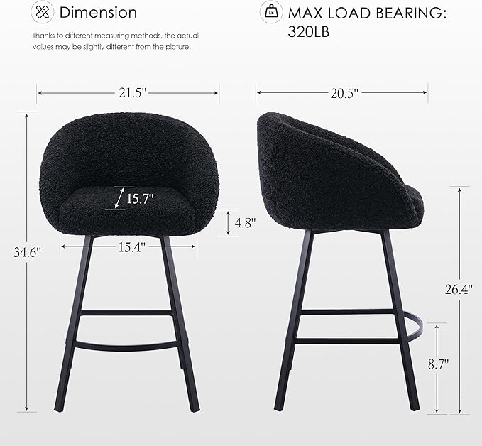 Zesthouse Swivel Counter Height Stools Set of 4, Modern Barrel Bar Stools for Kitchen Island, 26'' Black Sherpa Kitchen Counter Height Chairs with Barrel Arms & Back, Upholstered Fabric Bar Chairs