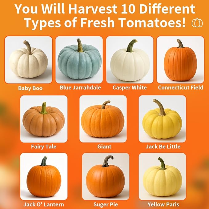 200+ Pumpkin Seeds for Planting - 10 Variety Jack Be Little, Jack O Lantern, Sugar Pie, Blue Jarrahdale, Baby Boo, Great for Halloween Pumpkin Seed for Indoor & Outdoor, Non GMO Seed Collection