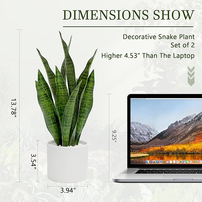 Faux Plants, Artificial Snake Plant Set of 2, Faux Snake Plant with Pure White Ceramic Pots, Fake Sansevieria for Home Decor Indoor, Office, Living Room, Housewarming Gifts