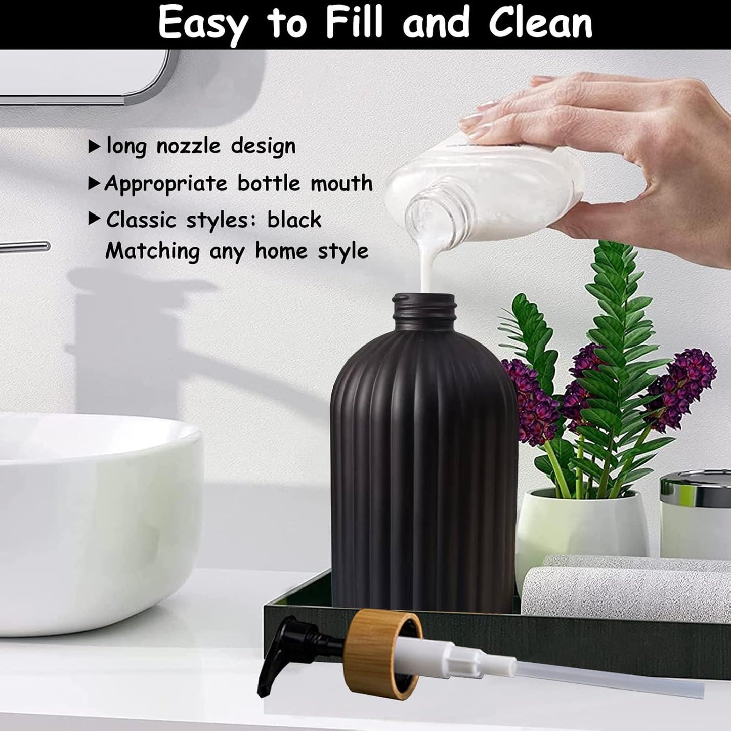 Black Glass Soap Dispenser Set with Bamboo Pump, 13.5oz Refillable Liquid Hand Soap Dispenser, Lotion Dish Soap Dispenser for Modern Home Decor, Bathroom, Kitchen Countertop, Hotel(2 Pack)