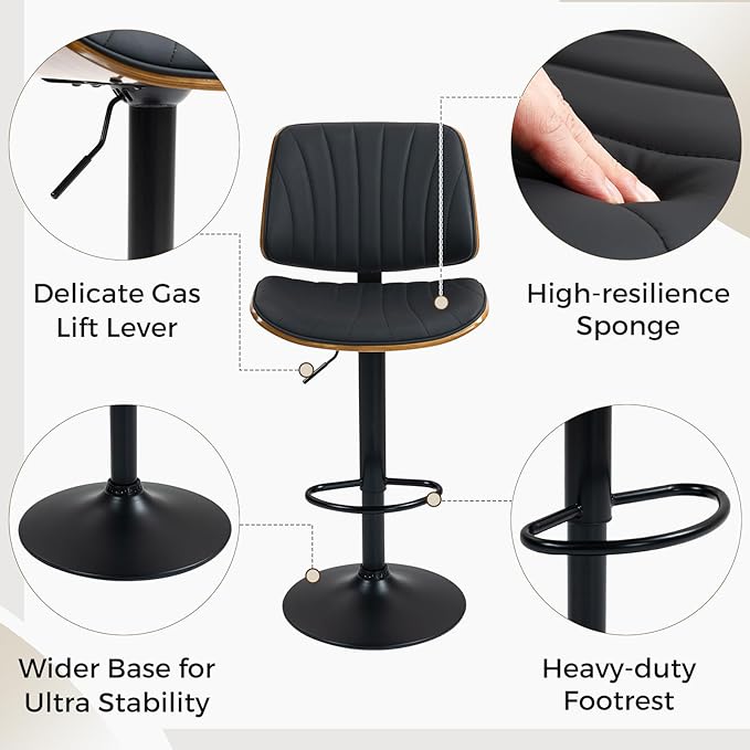 ECOTOUGE Swivel Bar Stools Set of 4, Adjustable Bentwood Barstools, 30 Inch Bar Stools for Kitchen Counter, Modern PU Leather Upholstered Bar Dining Chair with Back and Footrest, Black