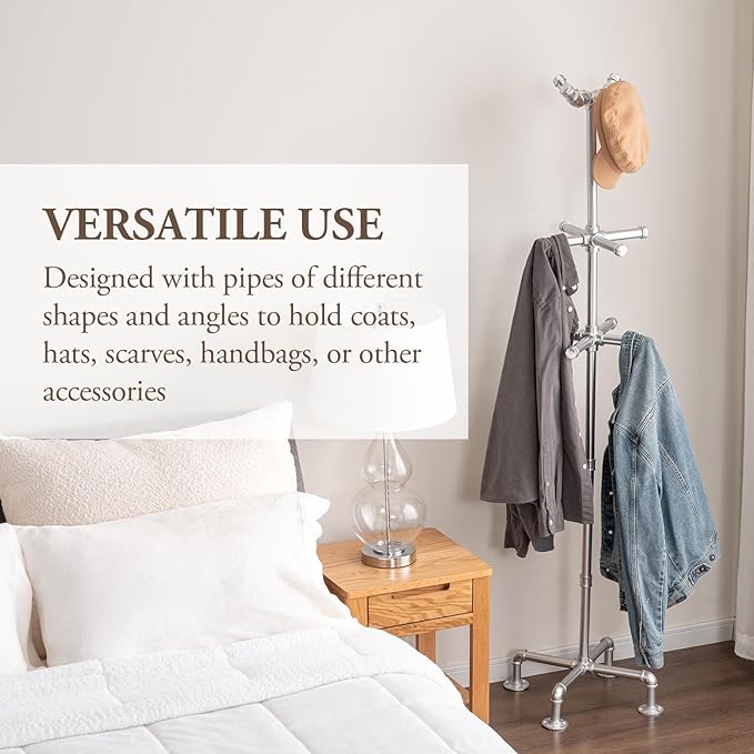 MyGift 5.5ft Freestanding Coat Rack with Silver Tone Industrial Metal Pipe Design and 12 Hooks, Entryway Organizer Stand for Hanging Coats, Hats, Purses