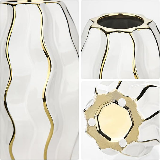 White & Gold Ceramic Flower Vase - 7.4" Modern Vertical Stripe Pottery Wave Vase | Ribbed Textured Flower Vase for Home Decor Bedroom Office Living Room Bathroom Table Centerpiece