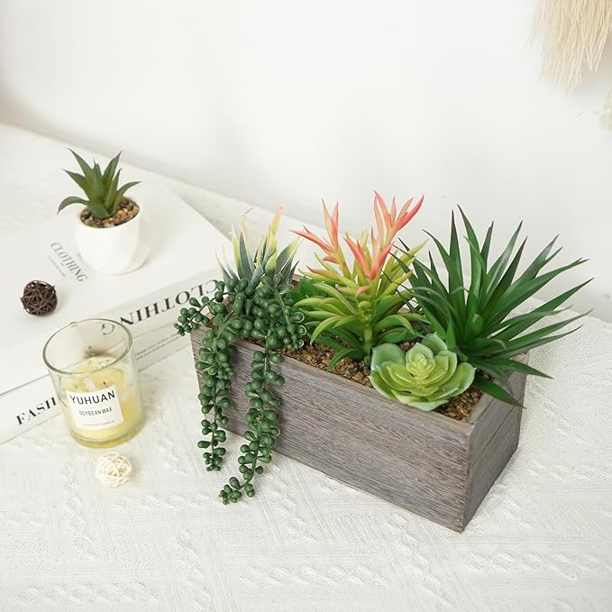 Artificial Succulents Plants Indoor Faux Succulent Potted Arrangement in Rectangular Wooden Pot for Table Centerpiece Windowsill Coffee Patio Farmhouse Decor