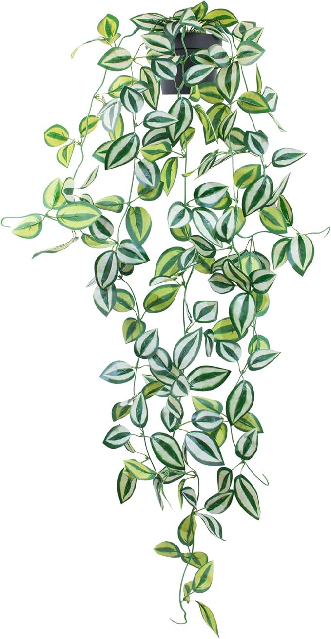 LOYWREE Fake Hanging Plants - Small Potted Plants with Green Eyebrow-Leaf Trailing Vines, Indoor Outdoor Aesthetic Decor for Office, Living Room Shelf & Home Accent (Black Pot)