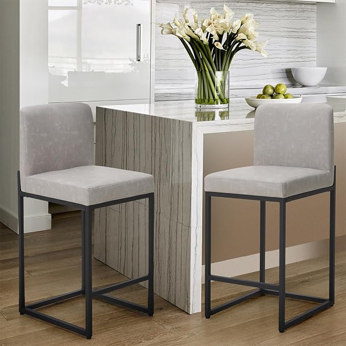 Sophia & William Light Grey Bar Stools Set of 2, Counter Height 24" Bar Stools with Backs, Modern PU Leather Kitchen Counter Stools