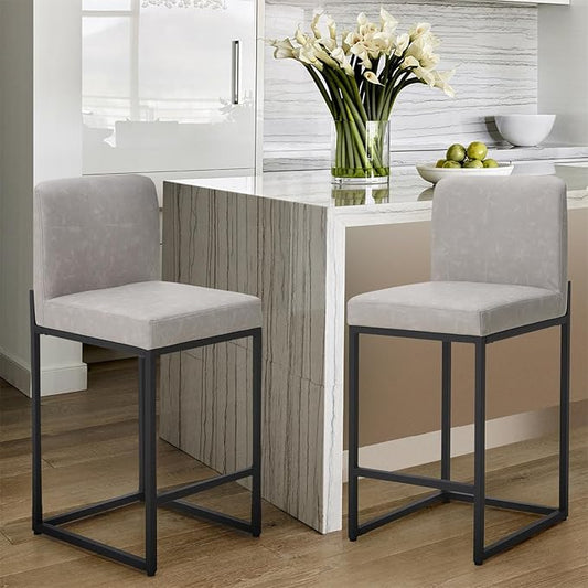 Sophia & William Light Grey Bar Stools Set of 2, Counter Height 24" Bar Stools with Backs, Modern PU Leather Kitchen Counter Stools