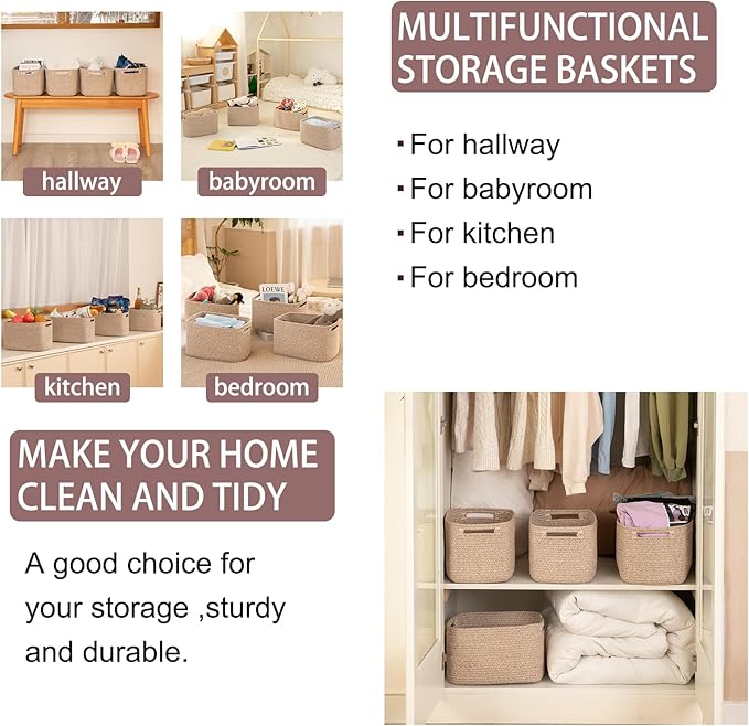 OIAHOMY 4 Pack Storage Baskets for Organizing, Cube Storage Bins for Shelves, Rectangle Storage Baskets With Handles, Woven Baskets for Storage, 12.7''Lx9''Wx7.8''H, Brown