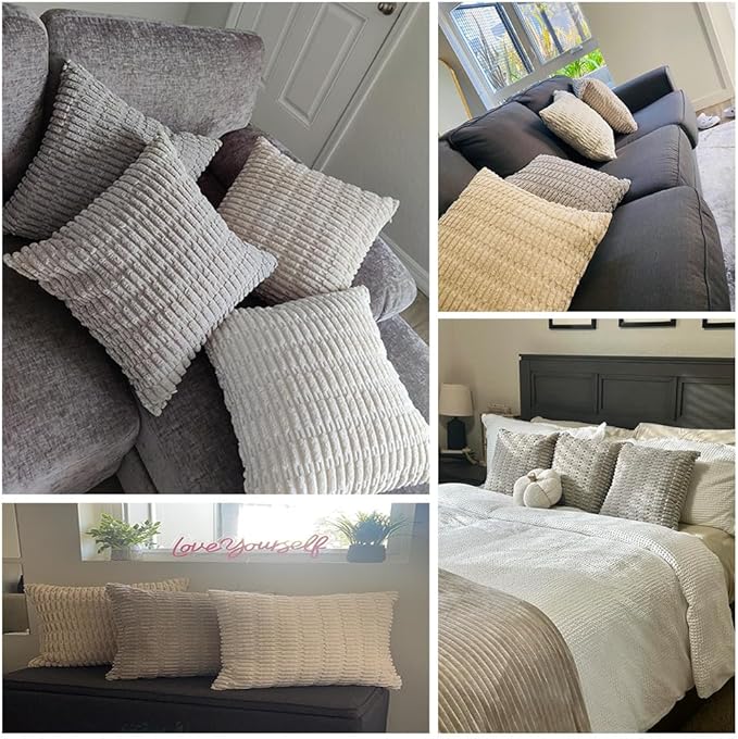 Fancy Homi 4 Packs Neutral Long Lumbar Decorative Throw Pillow Covers 16x24 Inch for Living Room Couch Bed, Boho Home Decor, Soft Striped Corduroy Rectangle Accent Grey Cushion Case 40x60 cm