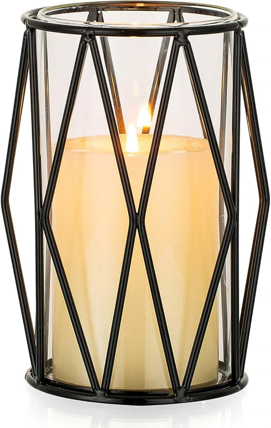 Nuptio Black Pillar Candle Holders - Glass Candles Holder with Geometric Metal Rack Stand for Wedding Birthday Party Centerpieces - Flower Vase Small Hurricane Vases for Office Living Room