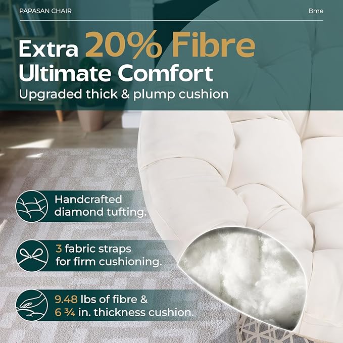 Bme 40" Ergonomic Wicker Papasan Chair with Soft Thick Cushion & Frame, 360° Swivel, Circle, Reading, Comfy Chair for Living Room, Bedroom