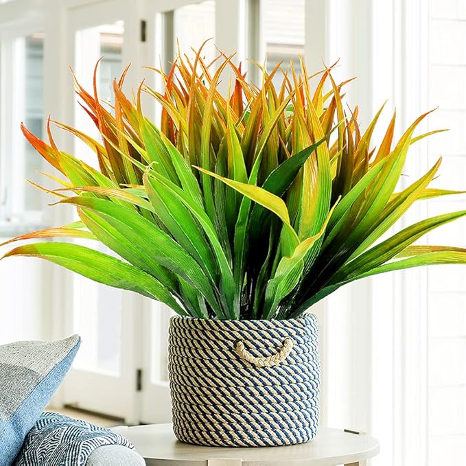 CLONG Artificial Fake Grass Plants Faux Grass Outdoor UV Resistant Fake Bushes Artificial Shrubs Plastic Plant (16, Orange and Green)