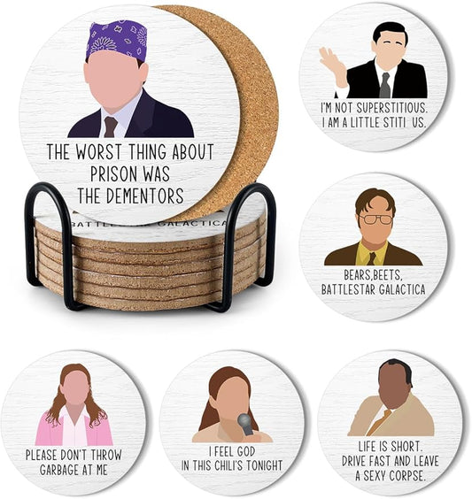 Funny The Office Themed Coasters for Drinks - New Girl Merchandise Coasters Set of 6 with Holder, New Girl Merch TV Show Gifts for Coffee Table, The Office Gifts for Man Women Fans