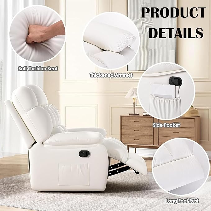 Oversized Recliner Chair, Leather Recliner Adjustable with Side Pockets, Living Room Reclining Lounge Chair for Adults, Small Spaces Comfy Sofa with Theater Seating for Bedroom, Movie,White