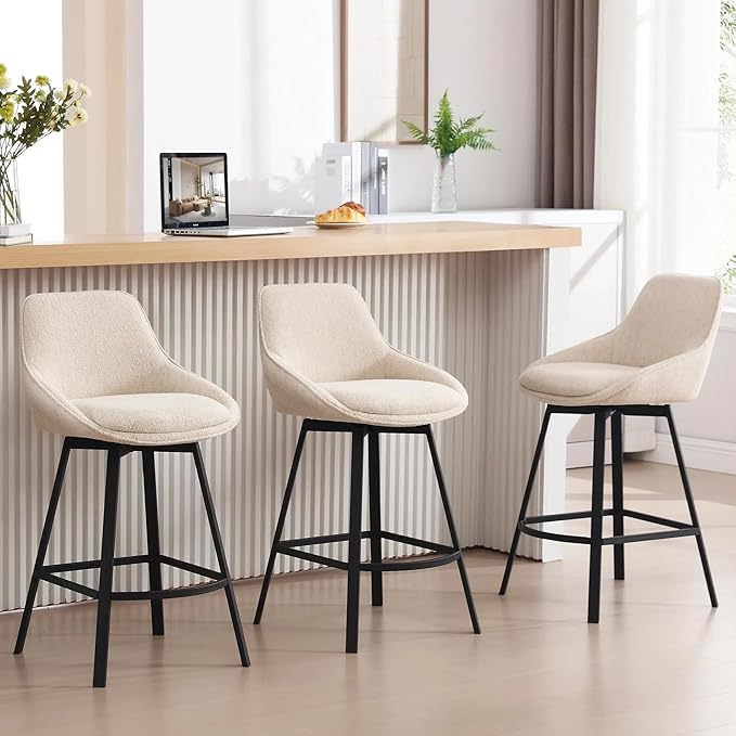 Zesthouse Swivel Bar Stools Set of 3, Modern Counter Height Barstools with Backs, 26'' Upholstered Linen Fabric High Chairs for Island Kitchen, Counter Height Chairs with Metal Legs, Beige
