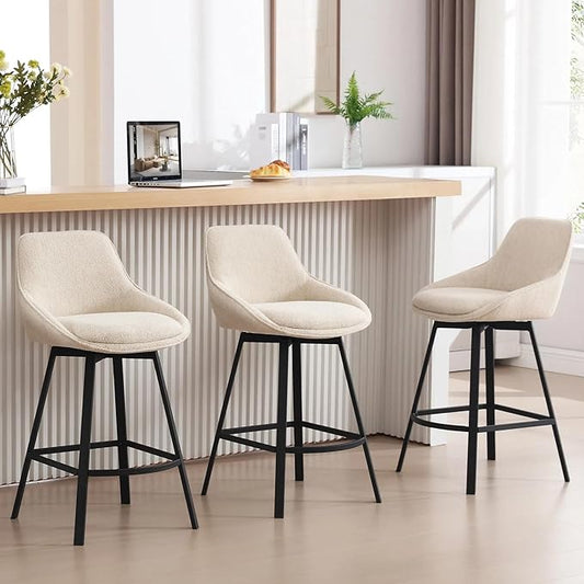 Zesthouse Swivel Bar Stools Set of 3, Modern Counter Height Barstools with Backs, 26'' Upholstered Linen Fabric High Chairs for Island Kitchen, Counter Height Chairs with Metal Legs, Beige
