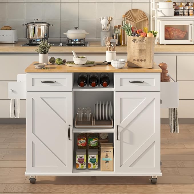 51.5'' Rolling Kitchen Island with Storage Cabinet & Drawers, Drop Leaf Kitchen Cart on Wheels, Farmhouse Portable Mobile Islands, Large Butcher Block Table with Tower/Spice Rack, White