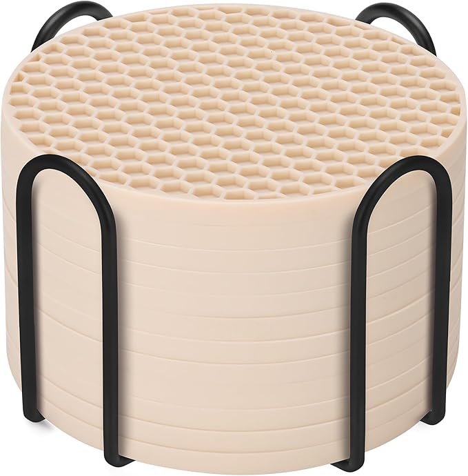 Silicone Coaster Set of 12 with Holder, Drinks Coasters, Beer & Coffee, Suitable for All Cups, Hot or Cold, Anti-Slip, Non-Stick, Anti-Overflow Tabletop Protection and Decor (12 Pcs, Tapioca)