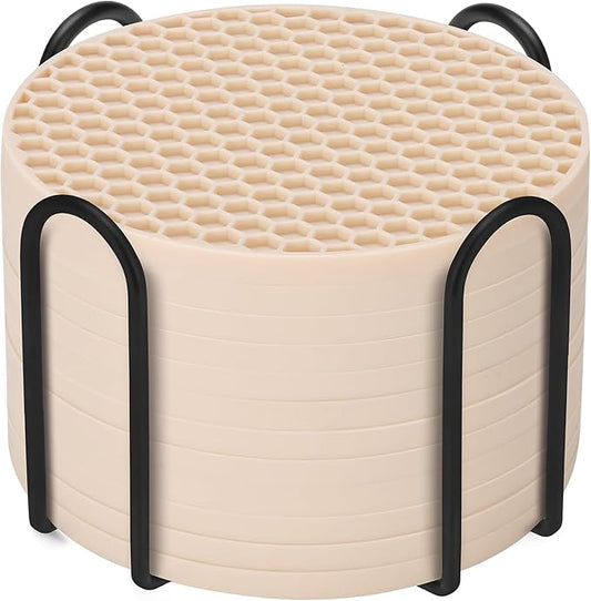 Silicone Coaster Set of 12 with Holder, Drinks Coasters, Beer & Coffee, Suitable for All Cups, Hot or Cold, Anti-Slip, Non-Stick, Anti-Overflow Tabletop Protection and Decor (12 Pcs, Tapioca)