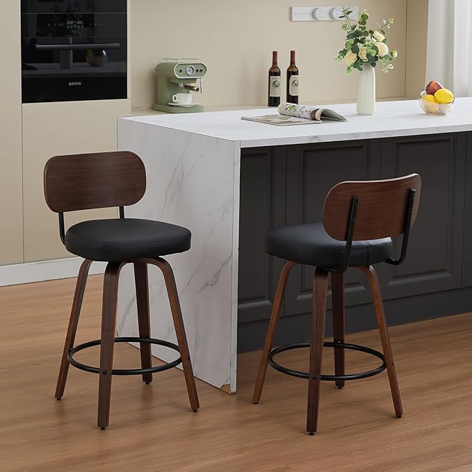 Counter Stools Set of 2, 26 inch Swivel Counter Height Bar Stools with Walnut Back,Upholstered PU Leather, Bentwood Legs, Mid Century Modern Bar Chairs for Kitchen Island, Black