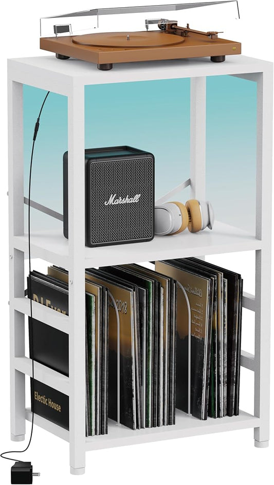 End Table with LED Light,Record Player Stand with Albums Storage,Vinyl Records Storage,Turntable Stand Side Table for Music Room Studio Living Room Bedroom-Rustic White