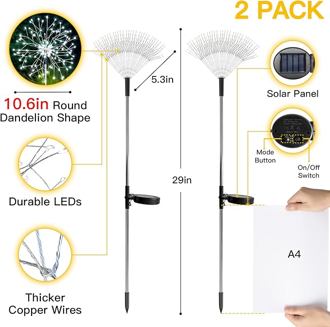 suddus Solar Garden Lights Outdoor Waterproof Decorative, 2Pack 150LED Firework Lights, Solar Fairy Lights for Yard, Garden, Party, Patio, Pathway, Flowerbed - White