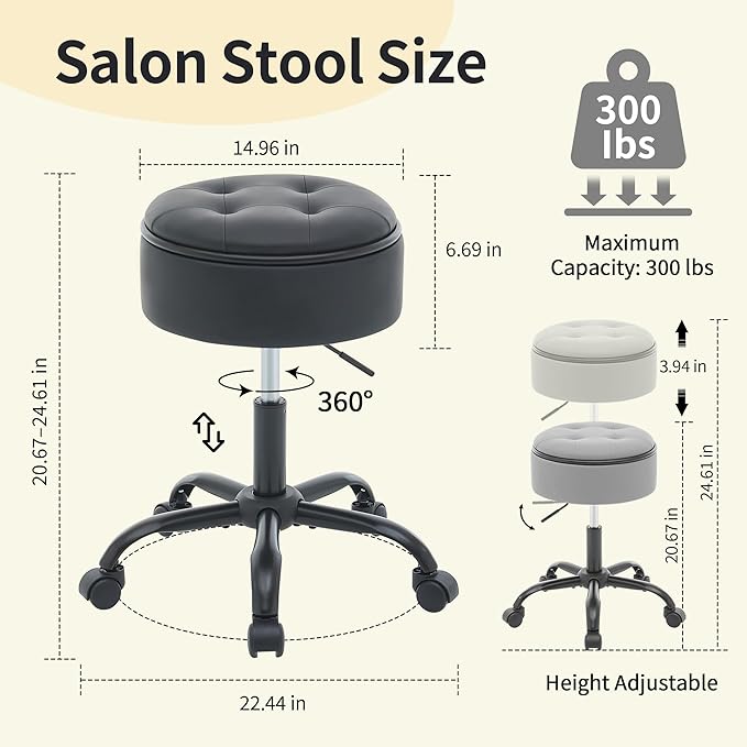 Rolling Stool, Adjustable Height Leather Esthetician Stool Thick Seat Cushion 20.67"-24.61", Black Vanity Chair with Storage