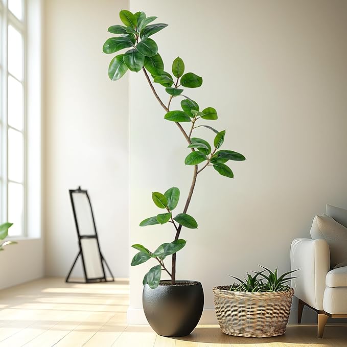 6.6ft Artificial Rubber Tree Faux Plants Indoor Faux Floor Artificial Trees Indoor,Fake Plant Fake Tropical Plants,Large Floor,Real Touch Rubber Tree for Home Decor