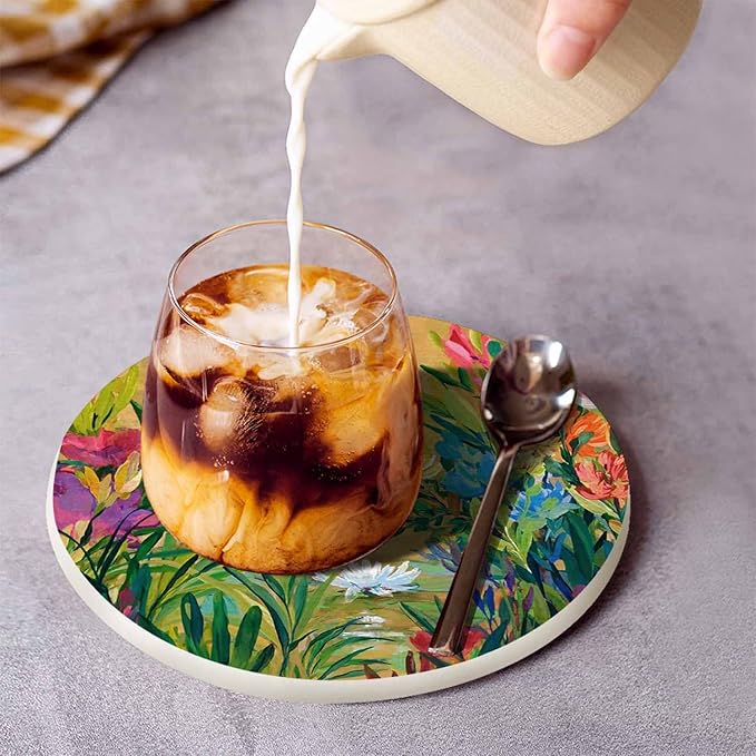 Oil Beautiful Bloom Round Coaster for Home Coffee Table Colorful Flowers Bouquet Floral Elegance Farmhouse Drink Coasters 100% Diatomite 4''X 4''X 0.35'' Printed Pattern