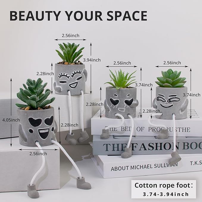 4 Pack Artificial potted Succulent Plants with Hanging Legs, Fake Mini Succulents in Pots, Faux Small Plants for Office Desk, Kitchen, Bathroom, Home Shelf Decor, Funny Office & Home Decor Accents