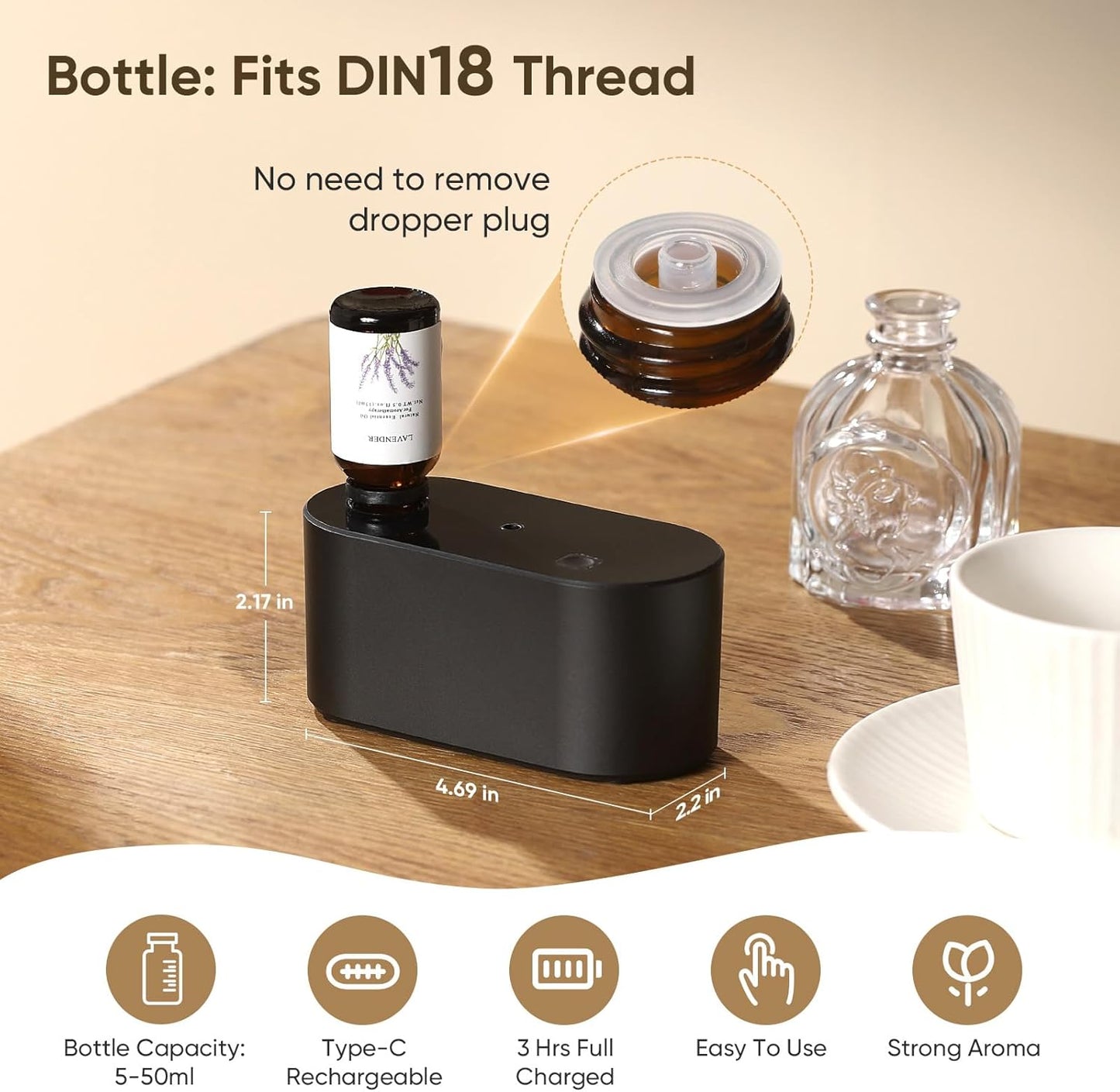 Waterless Diffuser for Home Essential Oil Diffuser, Aromatherapy Diffuser, Portable Scent Diffusers, 3 Mist Modes, Cycle Start for Bedroom, Office Studio 160-350 sq. ft Black